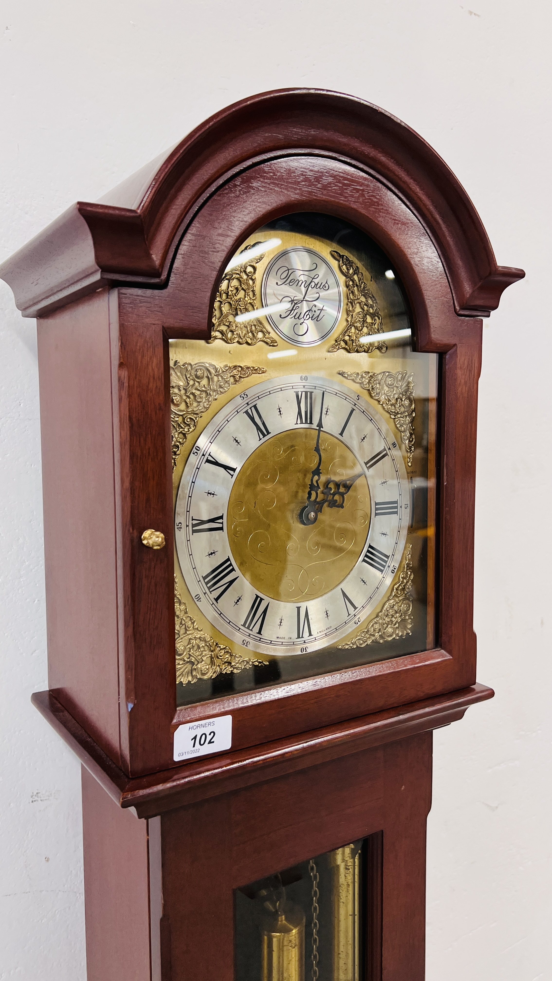 A REPRODUCTION MAHOGANY CASED GRANDMOTHER CLOCK THE DIAL MARKED TEMPESTFUGIT HEIGHT 162CM. - Image 5 of 10