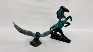 TWO STUDIO POTTERY PIECES IN THE POOLE STYLE TO INCLUDE A REARING STALLION AND AN EAGLE IN FLIGHT