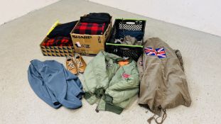THREE BOXES OF ASSORTED CLOTHING AND SHOES TO INCLUDE A BOMBER STYLE JACKET AND A LAMBRETTA COAT,