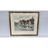 AN ORIGINAL WATERCOLOUR "HIGH STREET LAVENHAM SUFFOLK" BEARING SIGNATURE GODFREY ARNISON WIDTH 42CM.