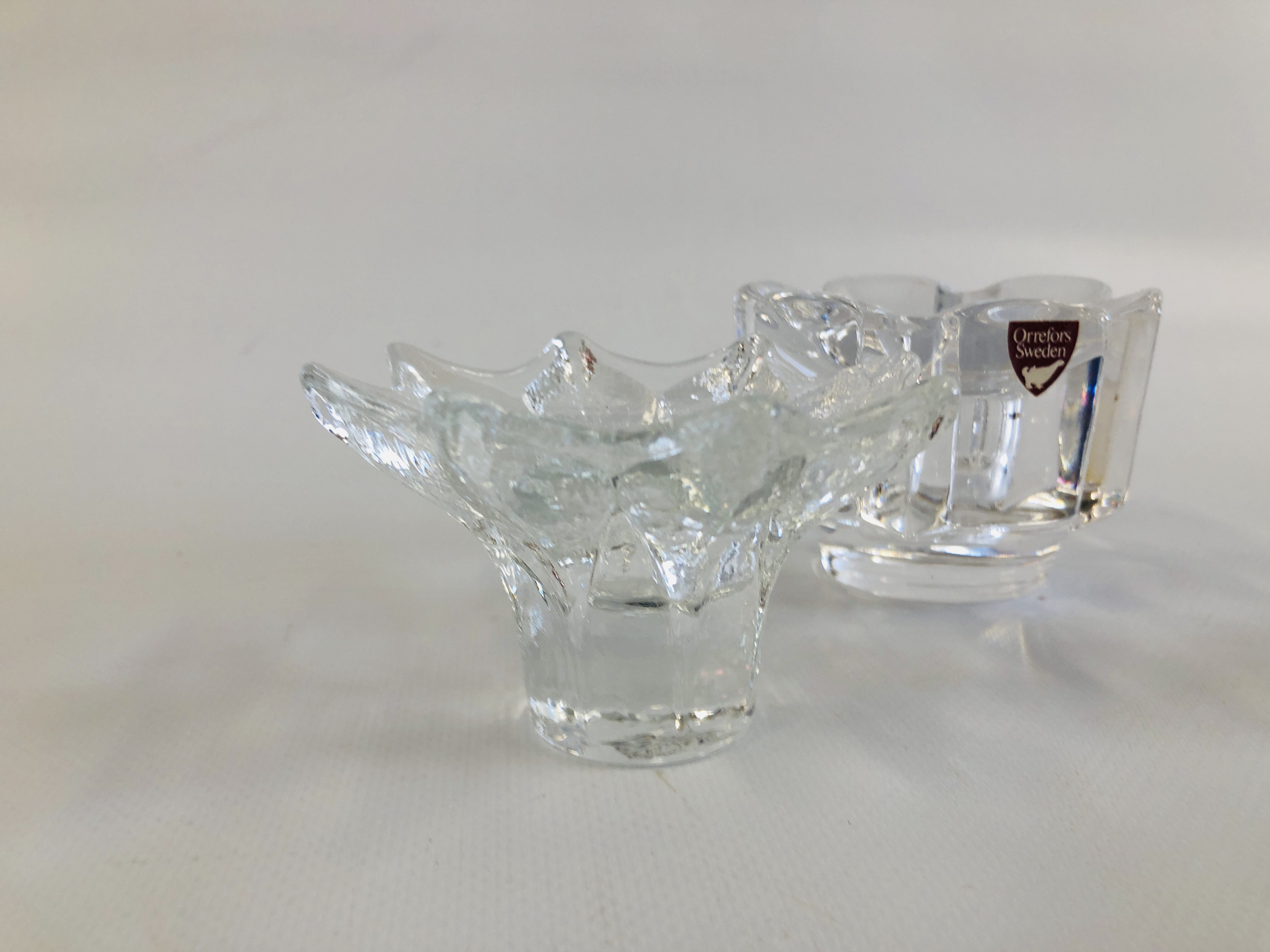 TWO ORREFORS GLASS CANDLE HOLDERS AND ONE ORREFORS HEAVY GLASS CANDLE HOLDER - Image 3 of 4