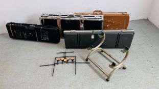 FOUR VARIOUS HARD GUN TRANSIT CASES VARIOUS SIZES AND DESIGNS AND A TARGET STAND AND TWO GUN