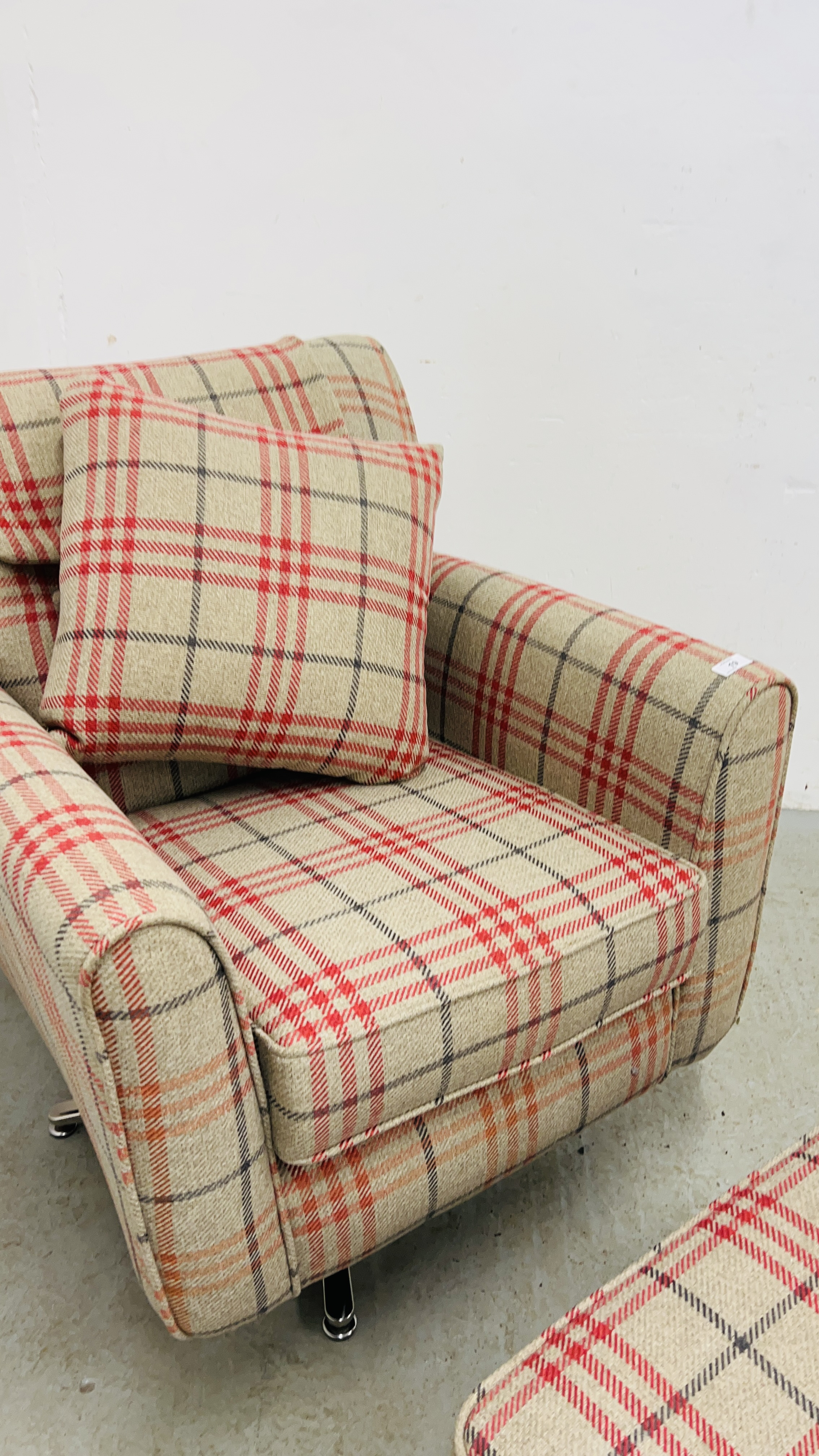 MODERN CHECK PATTERNED EASY CHAIR WITH REVOLVING ACTION AND MATCHING FOOTSTOOL. - Image 8 of 10