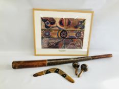 AN ABORIGINAL DIDGERIDOO ALONG WITH TWO SHAKERS,