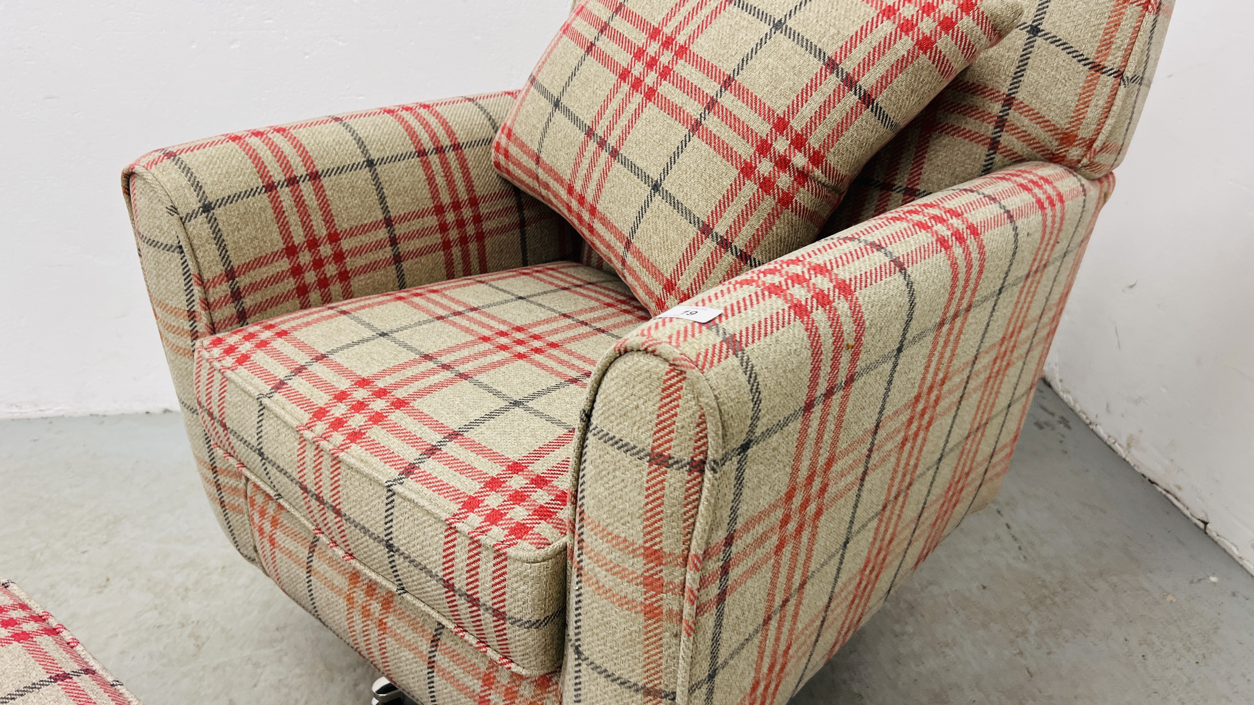 MODERN CHECK PATTERNED EASY CHAIR WITH REVOLVING ACTION AND MATCHING FOOTSTOOL. - Image 4 of 10