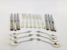 A SET OF SIX CAKE FORKS MARKED 800, SET OF SIX WHITE METAL COFFEE SPOONS WITH FILIGREE DETAIL,