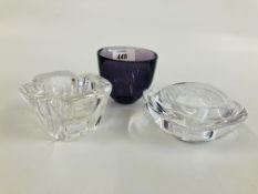 TWO ORREFORS SWEDISH GLASS HEAVY TEA LIGHT HOLDERS AND ONE ORREFORS "CUP " TEA LIGHT HOLDER BY LENA