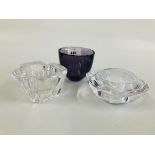 TWO ORREFORS SWEDISH GLASS HEAVY TEA LIGHT HOLDERS AND ONE ORREFORS "CUP " TEA LIGHT HOLDER BY LENA