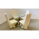 A MODERN DESIGNER GLASS TOP RECTANGULAR DINING TABLE SUPPORTED BY STAINLESS STEEL PEDESTAL COMPLETE