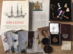 MIXED LOT BADGES, POSTCARDS, HMS GANGES MEDAL AND BOOK,