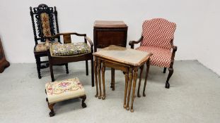 A SMALL GROUP OF OCCASIONAL FURNITURE TO INCLUDE SEWING BOX,