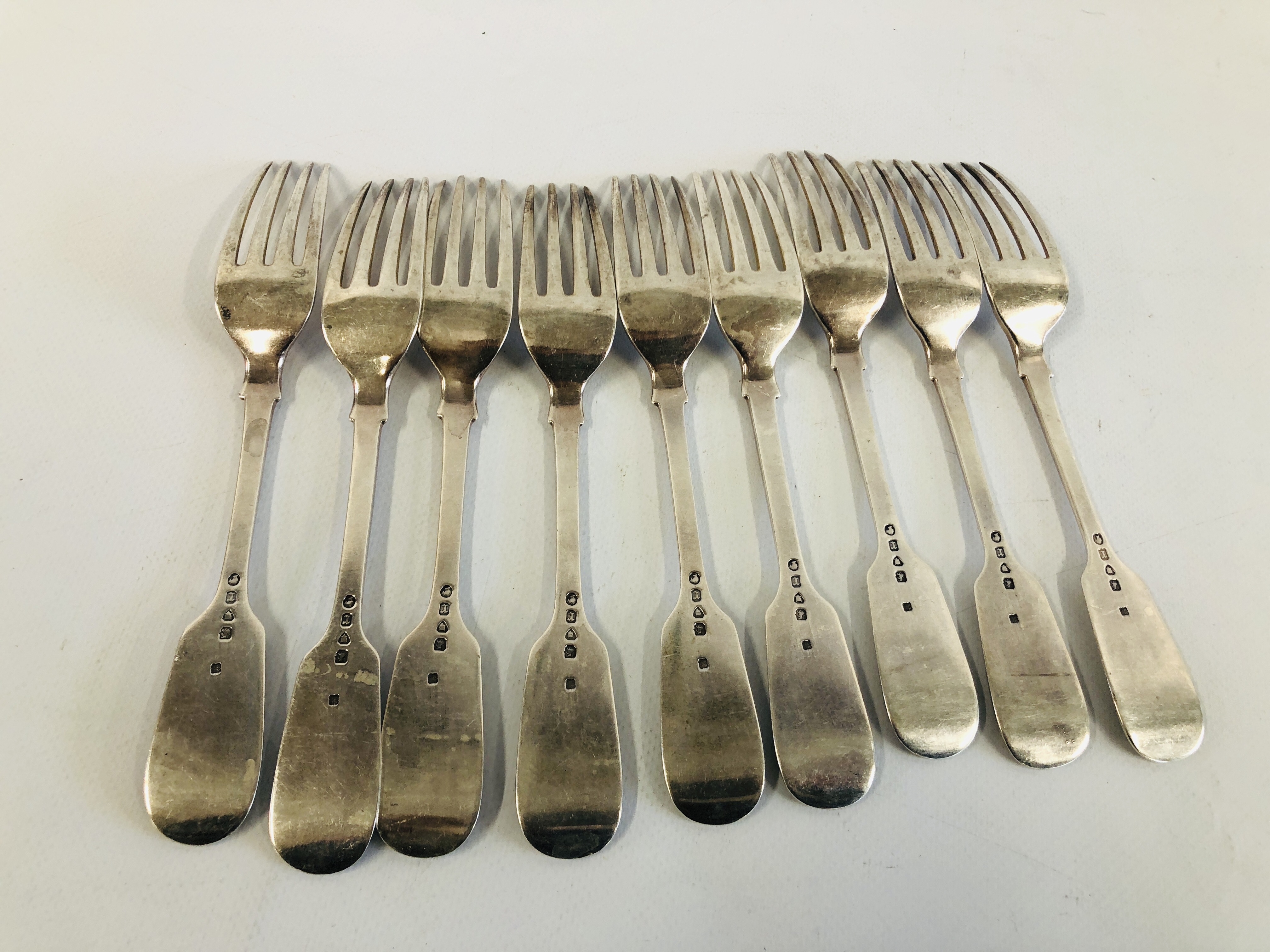 A SET OF NINE SILVER FIDDLE PATTERN LARGE TABLE FORKS, - Image 6 of 9