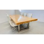 A DESIGNER CONTEMPORARY DINING TABLE THE SOLID BEECH WOOD TOP MEASURING LENGTH 275CM. WIDTH 120CM.