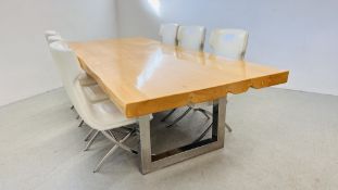 A DESIGNER CONTEMPORARY DINING TABLE THE SOLID BEECH WOOD TOP MEASURING LENGTH 275CM. WIDTH 120CM.