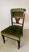 AN ANTIQUE EDWARDIAN INLAID FRET WORK DETAIL GREEN UPHOLSTERED CHAIR.