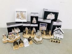 APPROXIMATELY 16 ILLUMINATED WINTER SCENE AND VILLAGES SOME BOXED WITH WARM WHITE LED LIGHTS - SOLD
