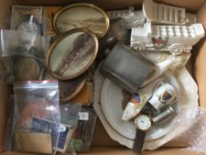 BOX OF MIXED COLLECTABLES TO INCLUDE SALMON AND GLUCKSTEIN 'DANDYFIFTH' CIGARETTE TIN,