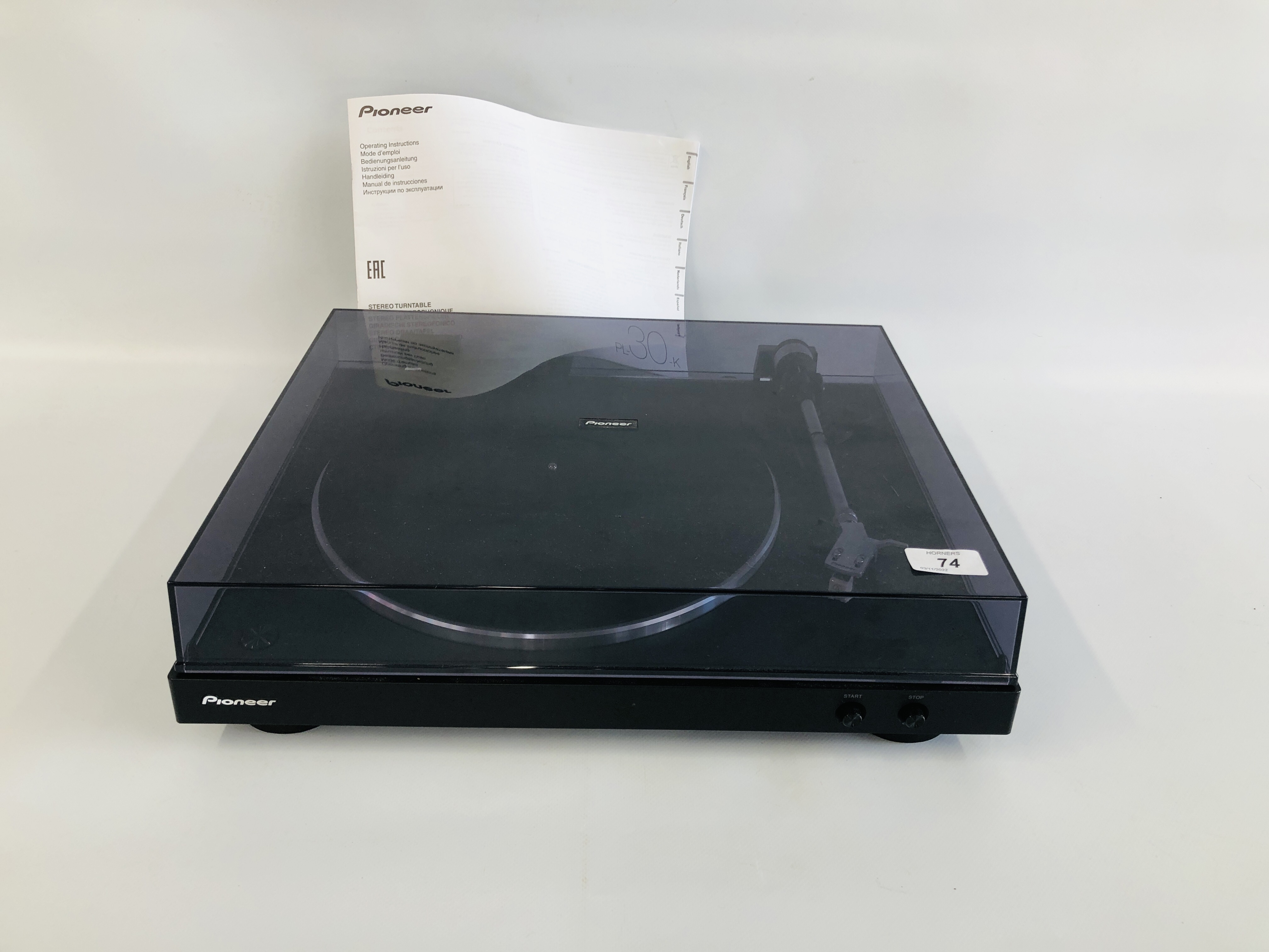PIONEER STEREO TURNTABLE MODEL PL-30-K WITH OPERATING INSTRUCTIONS - SOLD AS SEEN