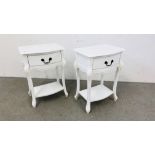 A PAIR OF FRENCH STYLE WHITE FINISHED SINGLE DRAWER BEDSIDE TABLES.