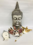 COLLECTION OF VARIOUS MODERN BUDDHA STATUES AND WALL MASKS