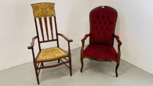 A REPRODUCTION NURSING CHAIR UPHOLSTERED IN RED VELOUR ALONG WITH ELEGANT ANTIQUE HIGH BACK ELBOW