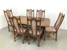 MID CENTURY ERCOL GOLDEN DAWN EXTENDING DINING TABLE COMPLETE WITH A SET OF SIX MATCHING CHAIRS L