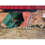 HILLS FOLDING WASHING LINE, TWO ALUMINIUM FOLDING LADDERS, GARDEN PARASOL ETC.