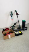 COLLECTION OF SHED TOOLS TO INCLUDE TWO QUALCAST BATTERY POWERED STRIMMERS,
