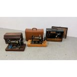 THREE VINTAGE SINGER SEWING MACHINES IN FITTED CARRY CASES.