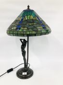 A FIGURED TIFFANY STYLE TABLE LAMP, THE SHADE WITH DRAGONFLY DESIGN, HEIGHT 62CM - SOLD AS SEEN.