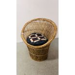WICKER BEDROOM CHAIR WITH PATCHWORK CUSHION.