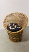 WICKER BEDROOM CHAIR WITH PATCHWORK CUSHION.