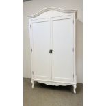 A GOOD QUALITY FRENCH STYLE WHITE FINISH TWO DOOR WARDROBE WITH INTERIOR CLOTHES RAIL AND SHELF W