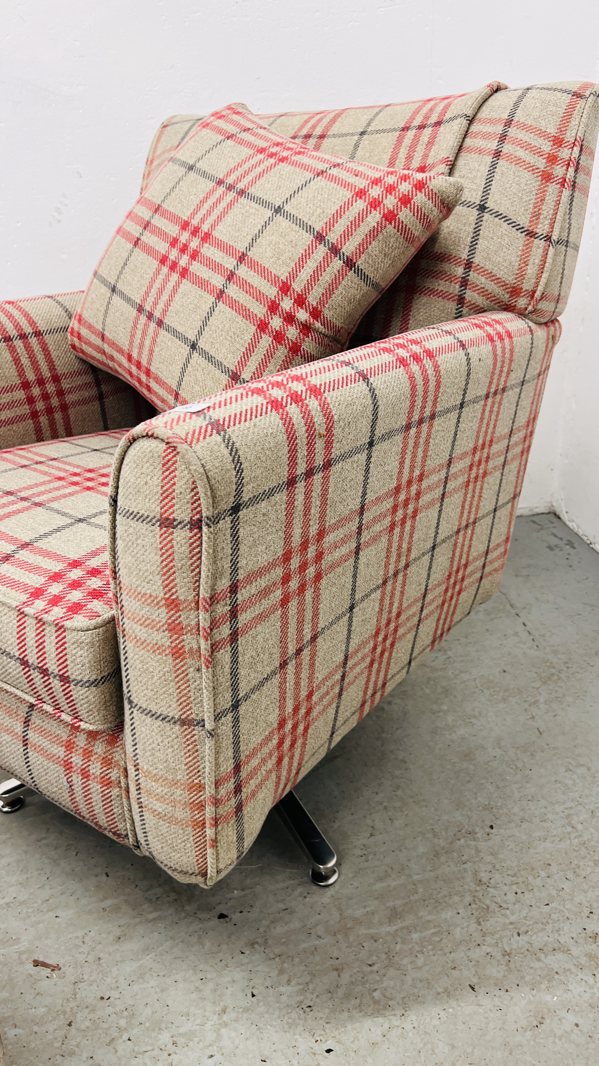 MODERN CHECK PATTERNED EASY CHAIR WITH REVOLVING ACTION AND MATCHING FOOTSTOOL. - Image 5 of 10