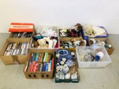 10 BOXES OF ASSORTED HOUSEHOLD SUNDRIES TO INCLUDE GLASS AND CERAMICS, SOFT TOYS, BOOKS,