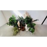 A COLLECTION OF SIX ARTIFICIAL HOUSE PLANTS ALONG WITH TWO FURTHER VASES, POTS,