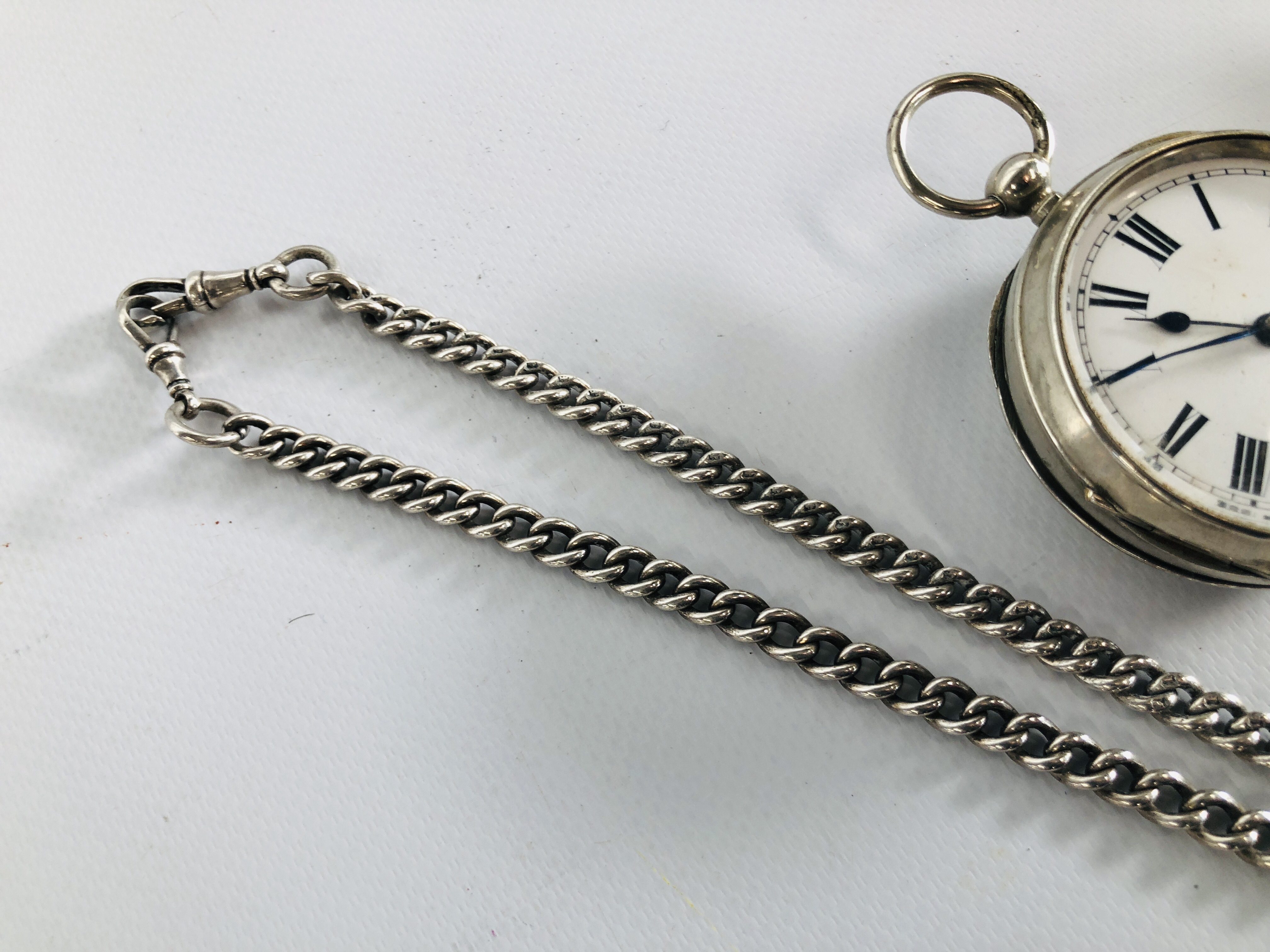 A GENTLEMAN'S SILVER CASED POCKET WATCH, A SILVER WATCH CHAIN, - Image 6 of 10