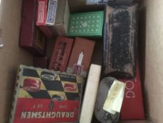 BOX OF VARIOUS WITH PLAYING CARDS, HARMONICAS, MONEY BOXES, MONOPOLY GAME,