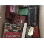 BOX OF VARIOUS WITH PLAYING CARDS, HARMONICAS, MONEY BOXES, MONOPOLY GAME,