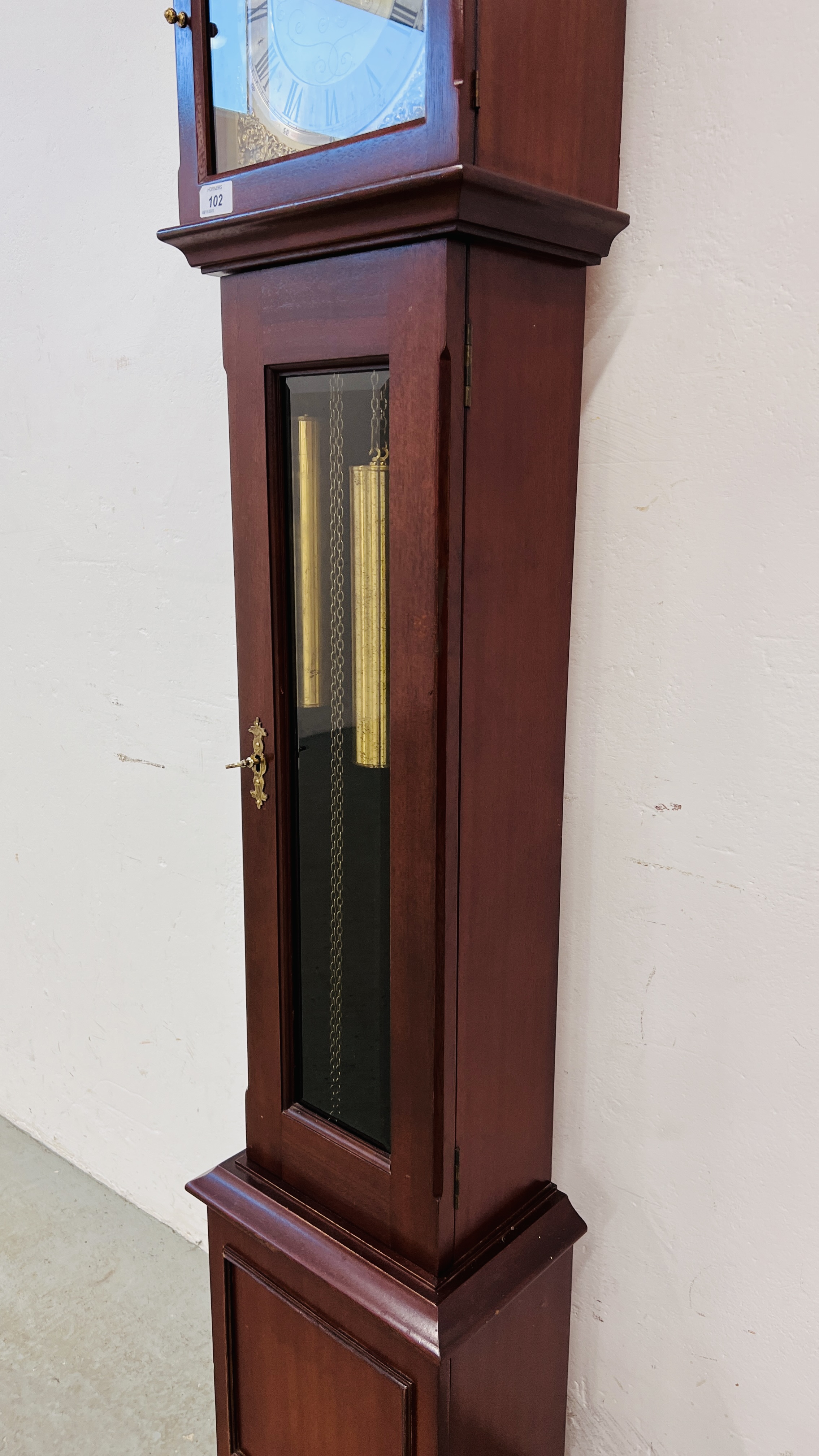 A REPRODUCTION MAHOGANY CASED GRANDMOTHER CLOCK THE DIAL MARKED TEMPESTFUGIT HEIGHT 162CM. - Image 3 of 10