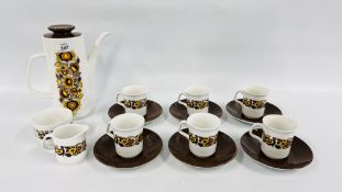 15 PIECES OF RETRO MEAKIN TEA WARE INCLUDING SIX SAUCERS, SIX CUPS, COFFEE POT, SUGAR AND MILK.