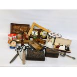 BOX OF ASSORTED COLLECTIBLES TO INCLUDE VINTAGE TINS "RILEYS" TOFFEE, MEASURE,