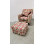 MODERN CHECK PATTERNED EASY CHAIR WITH REVOLVING ACTION AND MATCHING FOOTSTOOL.