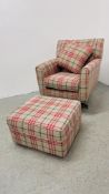 MODERN CHECK PATTERNED EASY CHAIR WITH REVOLVING ACTION AND MATCHING FOOTSTOOL.