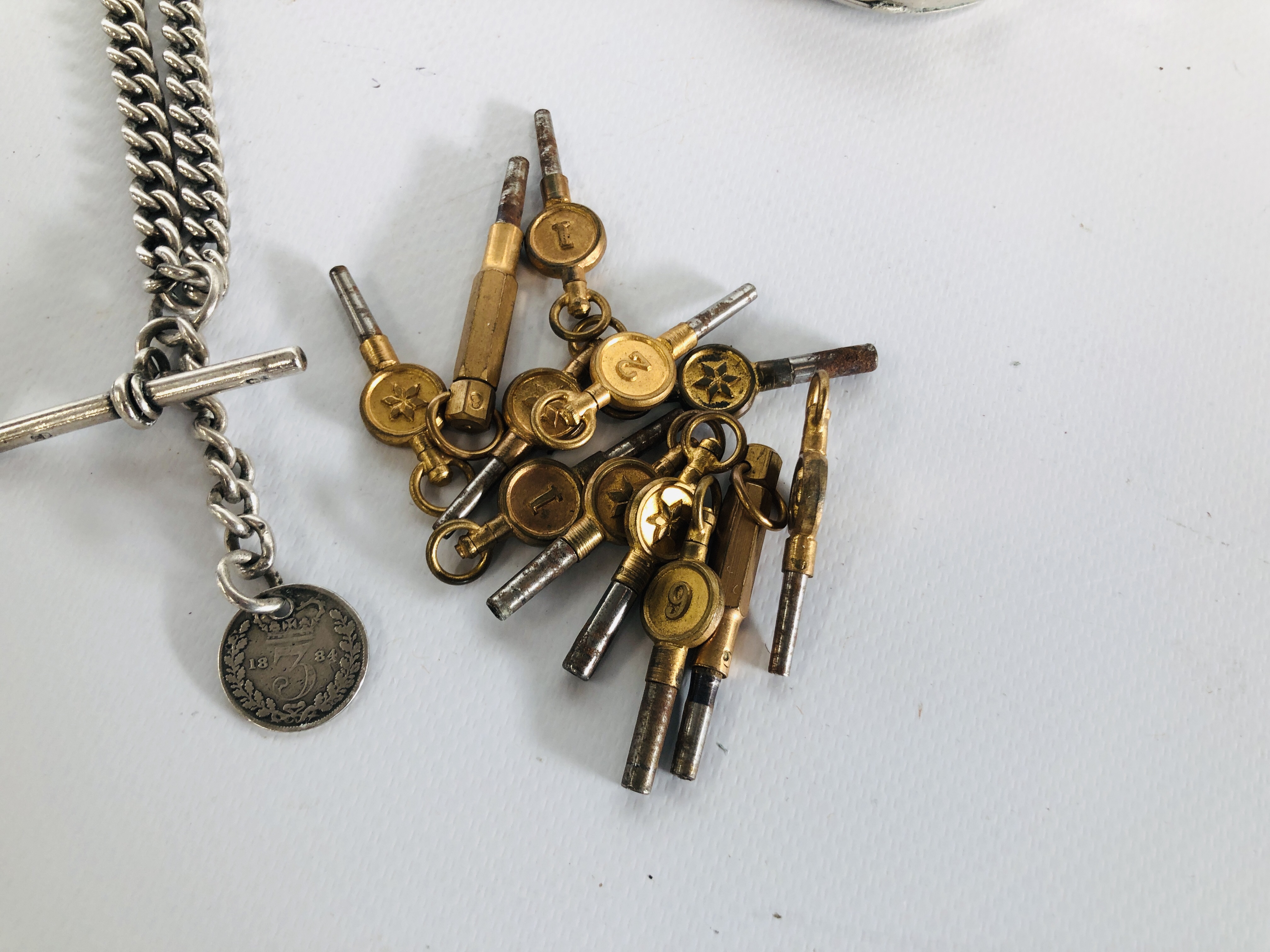 A GENTLEMAN'S SILVER CASED POCKET WATCH, A SILVER WATCH CHAIN, - Image 2 of 10