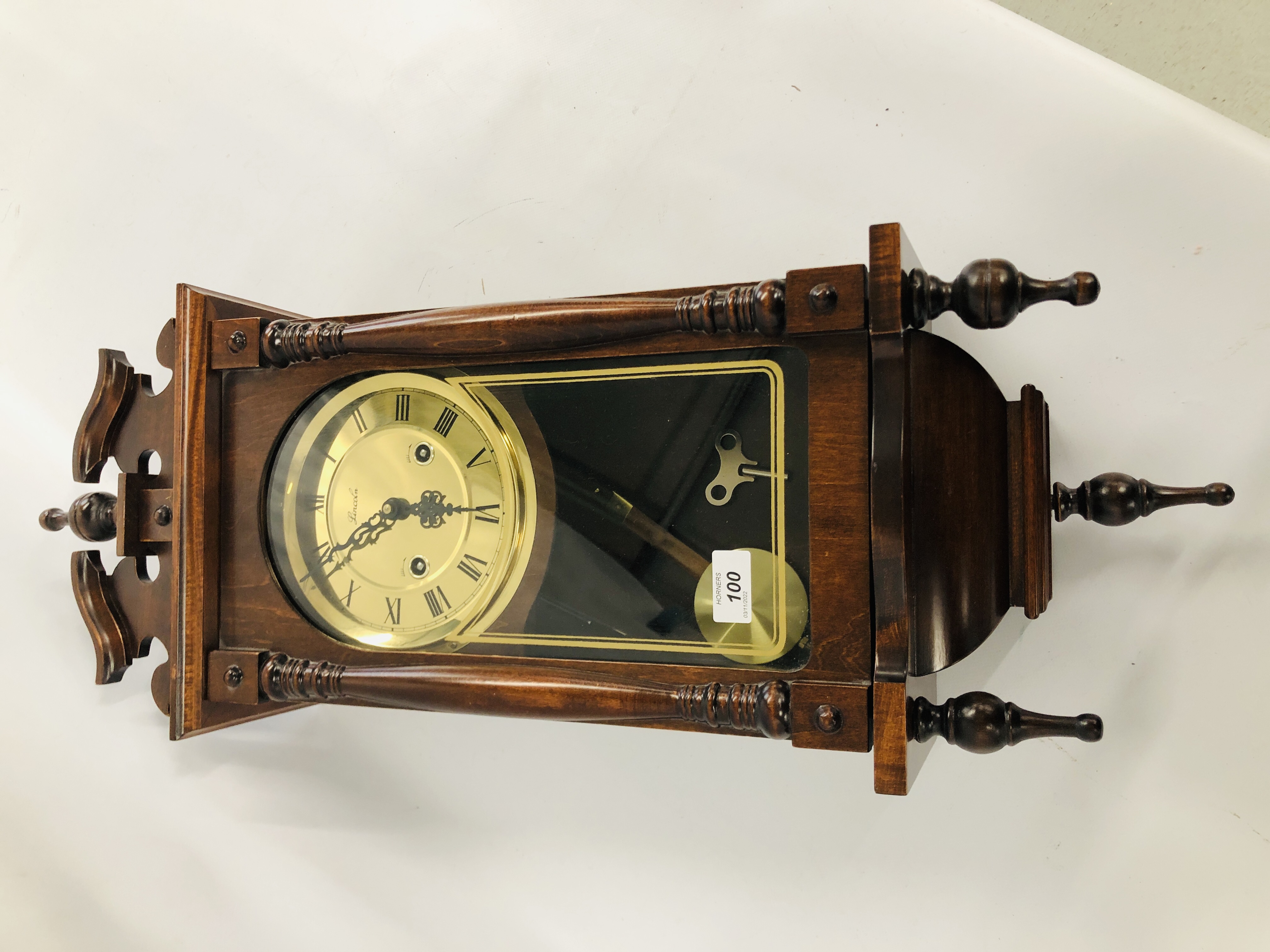 MODERN MAHOGANY FINISH MANTEL CLOCK ALONG WITH TWO WALL CLOCKS ONE MARKED LINCOLN THE OTHER WILLIAM - Image 6 of 6