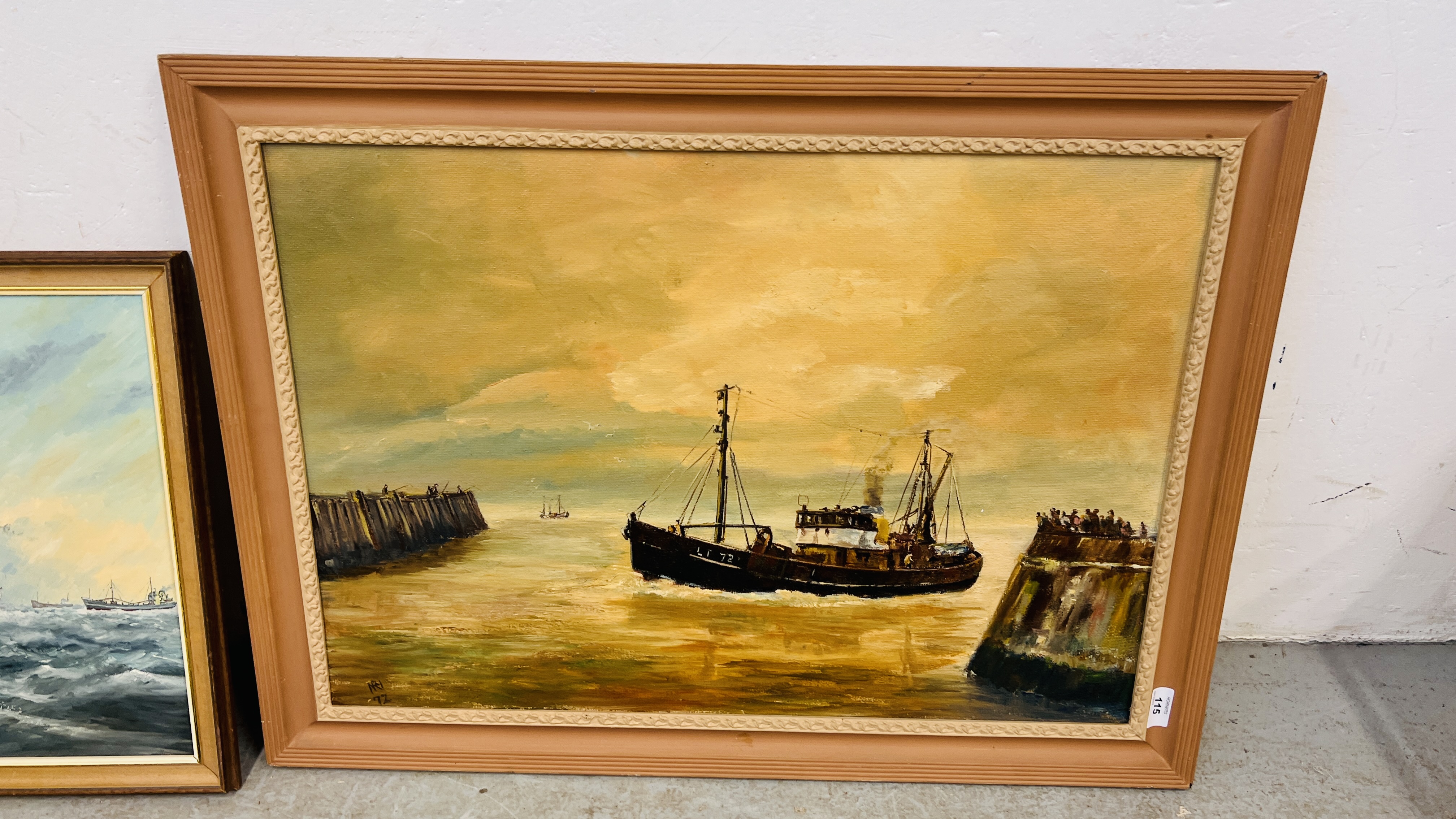 AN ORIGINAL OIL ON BOARD "LOCAL FISHING TRAWLERS" AND AN OIL ON BOARD "THE HARP AND LION" BEARING - Image 3 of 4