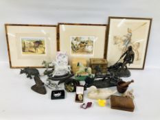 BOX OF ASSORTED COLLECTIBLES TO INCLUDE MINIATURE CHEST AND ROCKING HORSES, AULOS TENOR NO.