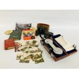 BOX OF COLLECTIBLES TO INCLUDE SAVINGS BANKS, BINOCULARS, ETC.