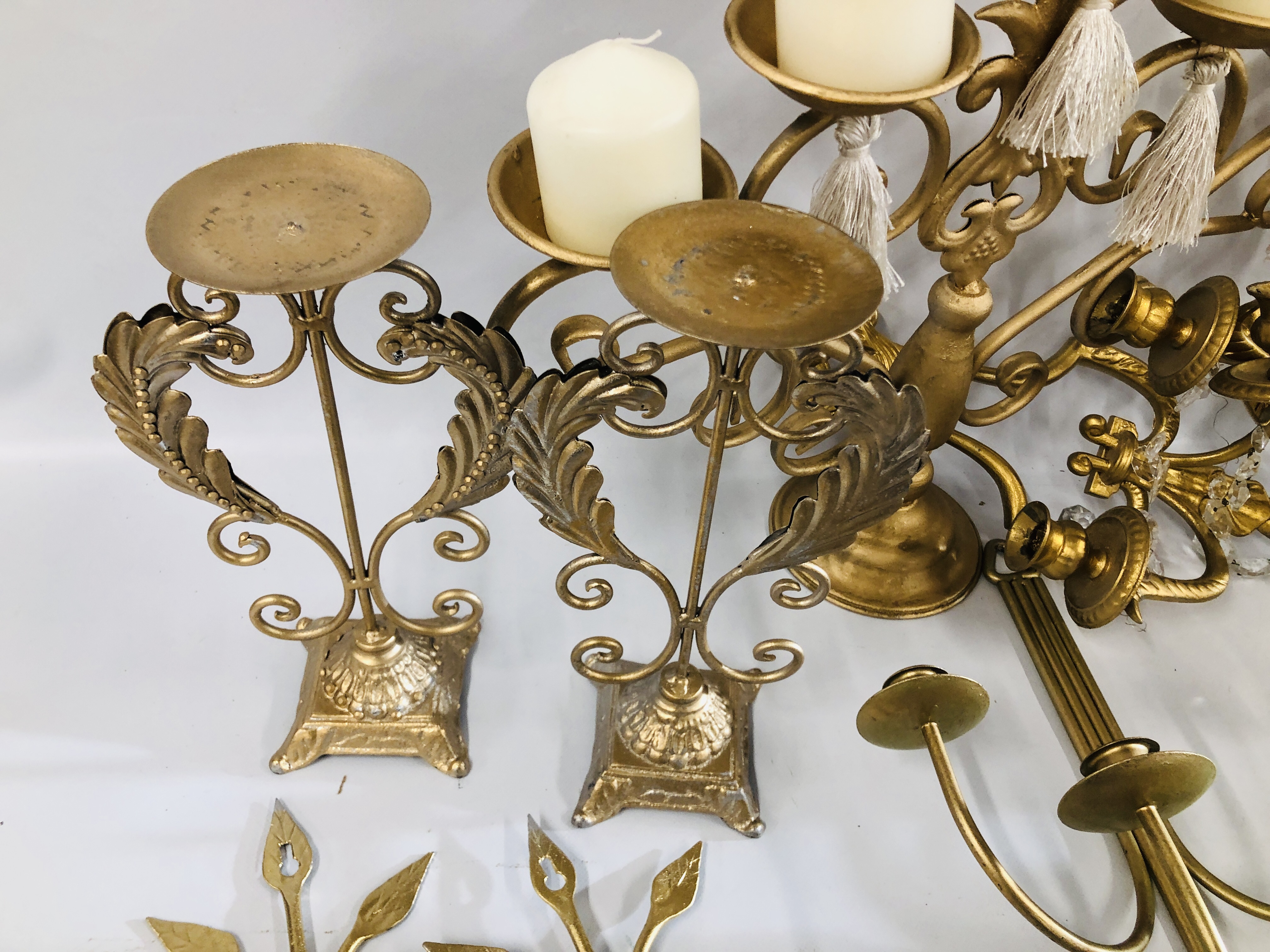 LARGE BOX OF ASSORTED MODERN SHABBY CHIC METAL CRAFT CANDLE STICKS, STANDS AND WALL SCONCES, ETC. - Image 3 of 8